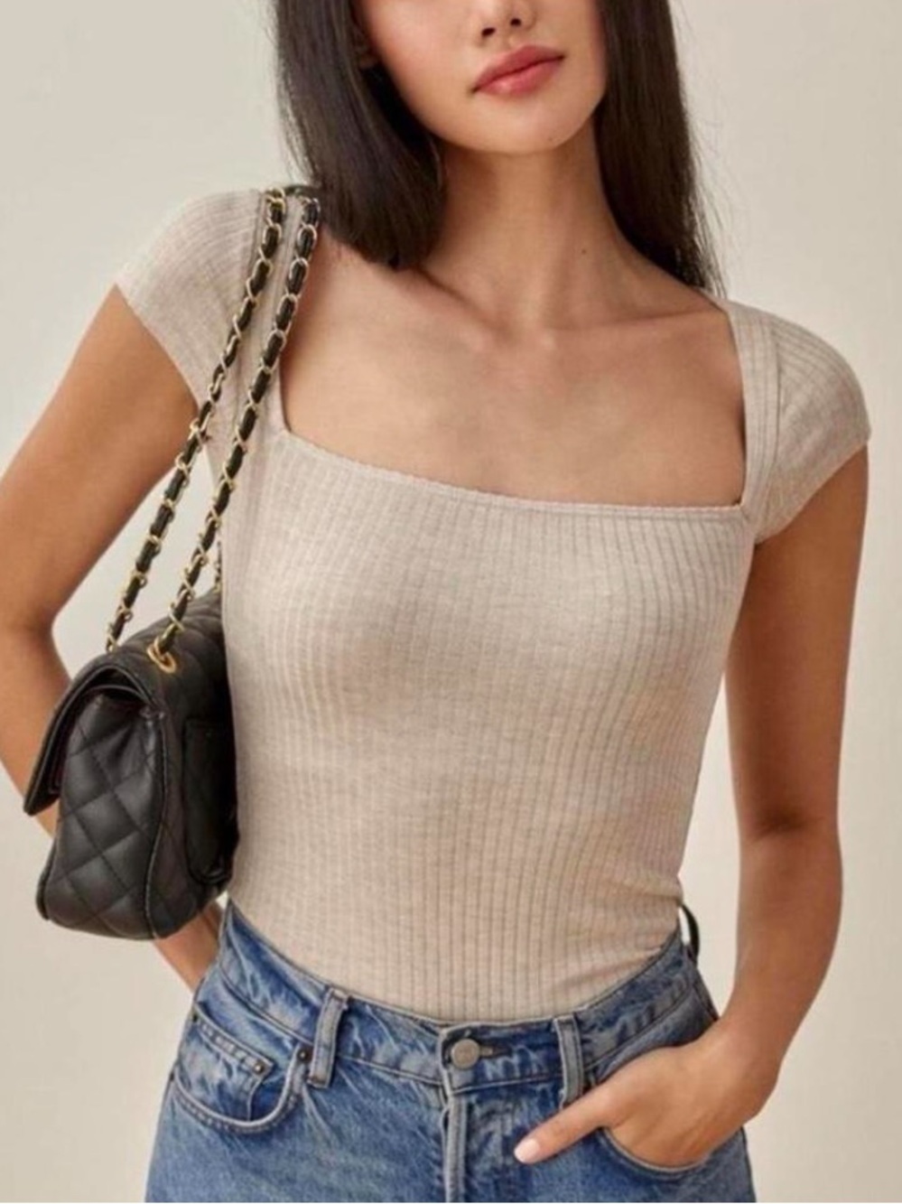 Reformation Bardot Square Neck Ribbed Tee Size Large Stretchy Comfort Capsule